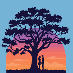 Romantic Sunset Silhouette Under a Large Tree