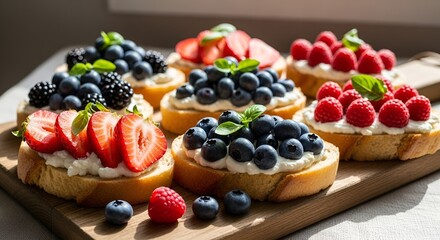 Delicious Fruit Bruschetta with Cream Cheese and Berries on a Wooden Board
