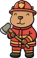Cute Firefighter Capybara Holding Axe Vector | Cartoon Animal Fireman Illustration