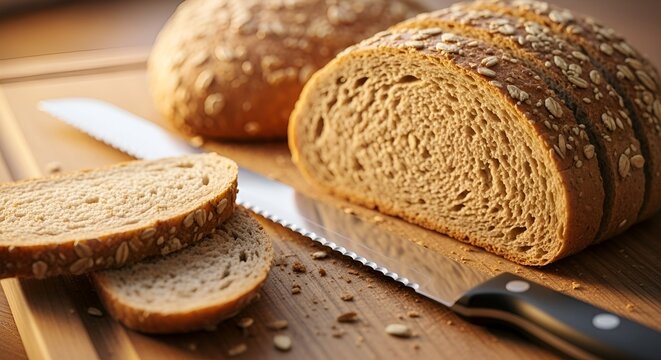 Delicious freshly baked multigrain bread slices on a wooden cutting board ready to eat
