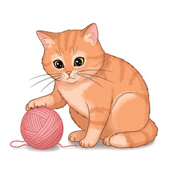 Ginger kitten playing with a pink yarn ball.