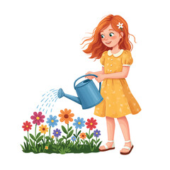 Girl watering colorful flowers in a garden illustration.