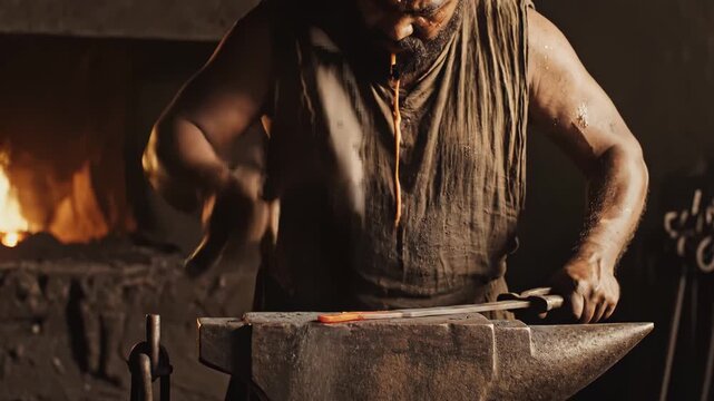 A blacksmith forges metal, using hammer on anvil, flames in the background, a craft scene