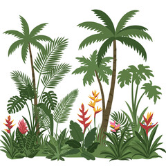 Lush Tropical Jungle Scene with Palm Trees and Exotic Flowers.