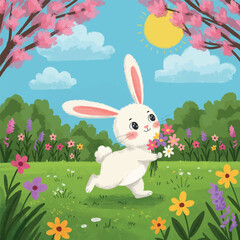 Happy Easter Bunny Gathering Spring Flowers in Meadow.
