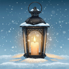 Lantern in Snowfall - Winter Scene.