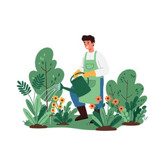 Man watering plants in a lush garden, surrounded by vibrant greenery and blooming flowers.