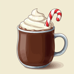 Mug of Hot Chocolate with Whipped Cream and Candy Cane.