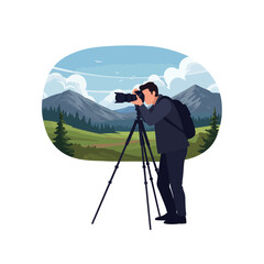 Photographer capturing mountain landscape with professional camera.