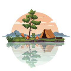 Serene lakeside campsite with tent and campfire at sunset.