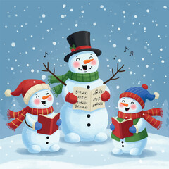 Snowmen caroling in winter wonderland illustration.