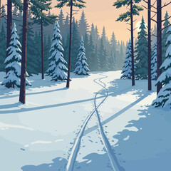 Snowy Forest Path with Ski Tracks.