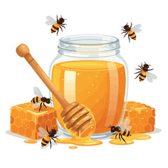 Sweet Golden Honey Jar with Dipper and Bees.