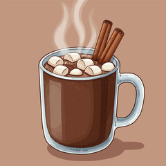 Steaming Hot Chocolate with Marshmallows and Cinnamon Sticks.