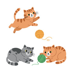 Three adorable kittens playing with yarn balls.