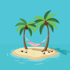 Tropical Island Paradise with Hammock Between Palm Trees.