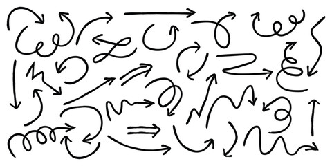 Hand Drawn Curved Arrows Collection in Sketch Style on White Background