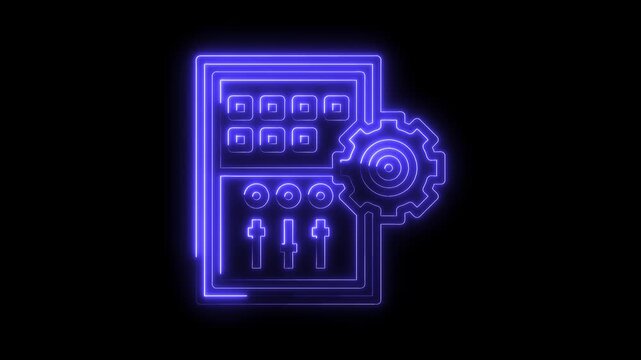 Neon controller and gear icon animation on black background for technology solutions and settings