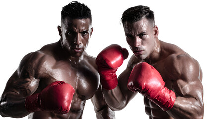 Two determined boxers in red gloves ready to fight, showcasing intense focus and athletic power for sports and competition themes