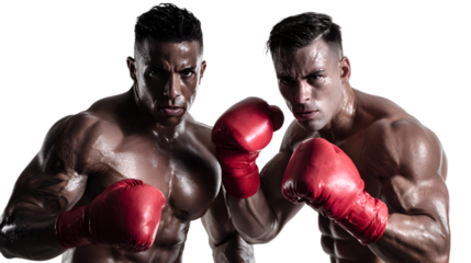 Two determined boxers in red gloves ready to fight, showcasing intense focus and athletic power for sports and competition themes