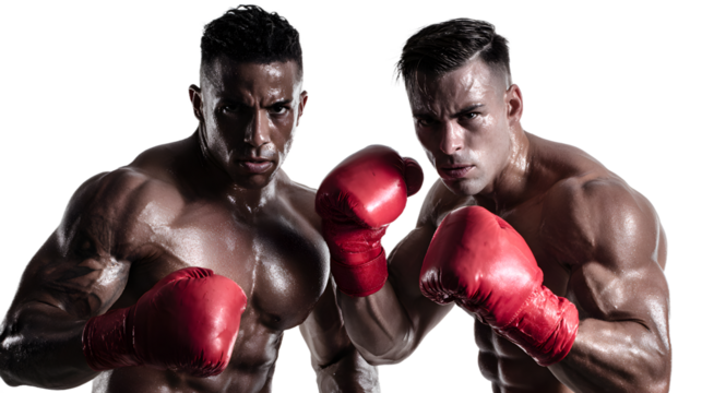 Two determined boxers in red gloves ready to fight, showcasing intense focus and athletic power for sports and competition themes