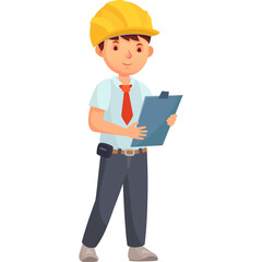 Young Boy Construction Worker in Yellow Hard Hat Holding Clipboard Caucasian Ethnicity Standing Full Body Shot White Background Wearing White Shirt Red Tie Blue Pants