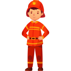 Young Boy Dressed As Firefighter In Orange Uniform With Reflective Stripes Standing Confidently With Hands On Hips