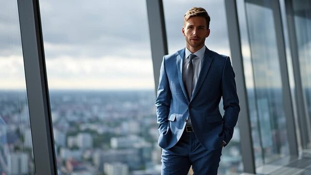 Confident Professional: A distinguished, formally attired businessperson stands confidently in a modern, panoramic setting with an expansive cityscape visible in the background.