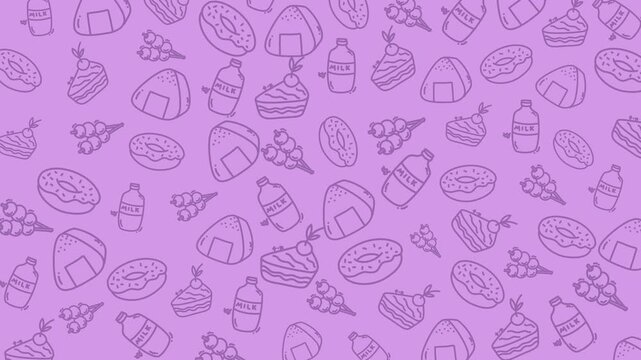 Food pattern features milk donuts and dango on purple background. Suitable for food blogs, menus, packaging, or social media posts