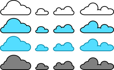 Obraz premium A diverse set of cartoon cloud vector icons in blue, white, and grey colors. Simple weather symbol illustrations for web and print