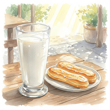 A refreshing watercolor illustration of a tall glass of horchata paired with two elongated fartons pastries. 