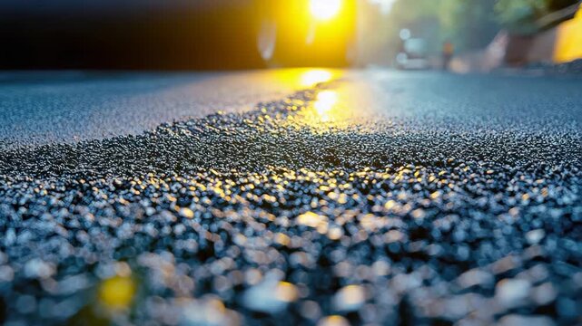 Asphalt close-up with distant roller, glinting sunlight