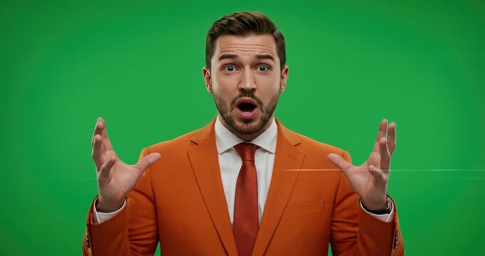 man in an orange suit with his hands up against a green background.