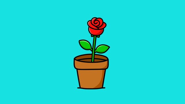 Animation of a potted rose moving in the wind on a blue background