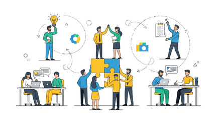 Teamwork concept illustration of people collaborating and achieving goals through cooperation and idea generation