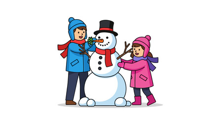 Cheerful children building a classic snowman, showcasing fun outdoor winter activities and seasonal joy