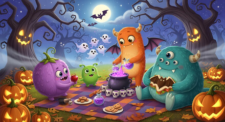  A group of cute monsters having a Halloween picnic