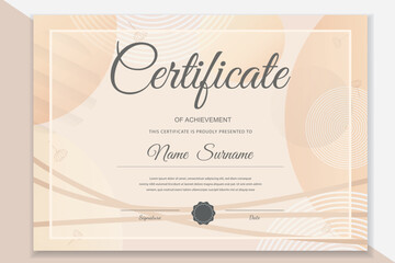 Elegant, modern vector template of an achievement certificate. Minimalistic design in pastel colors with abstract lines and subtle botanical elements. Ideal for awards, diplomas and official document.