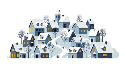 Naklejka premium Serene illustration of a snowy mountain village during a peaceful winter evening with cozy homes