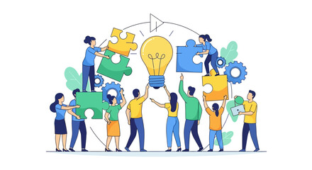 Collaborative team building a bright idea with puzzle pieces, representing successful business strategy and innovative solutions