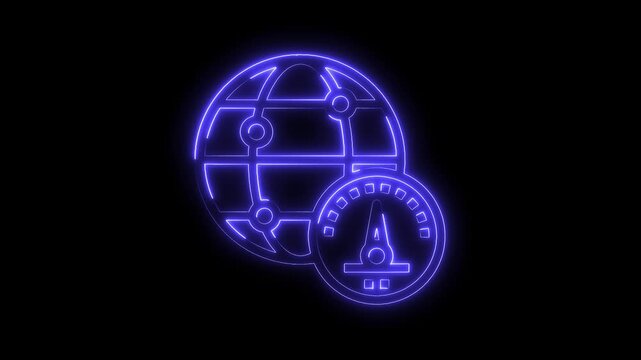 Glowing neon global network connection with speedometer internet performance animation