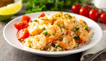Shrimp Fried Rice On A White Plate Consisting Of Tomatoes And Carrots.