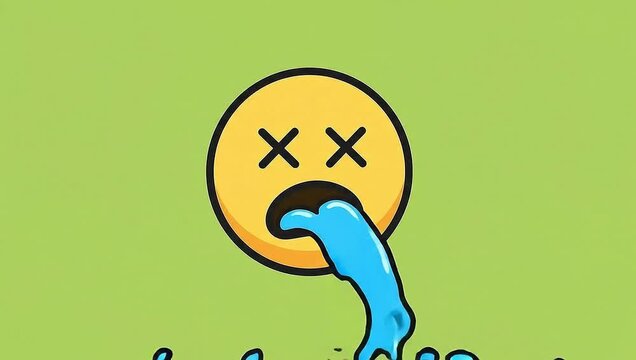 Exhausted 2D cartoon emoji with 'X' eyes endlessly drools a stream of blue liquid from its open mouth, seamless loop on green screen.