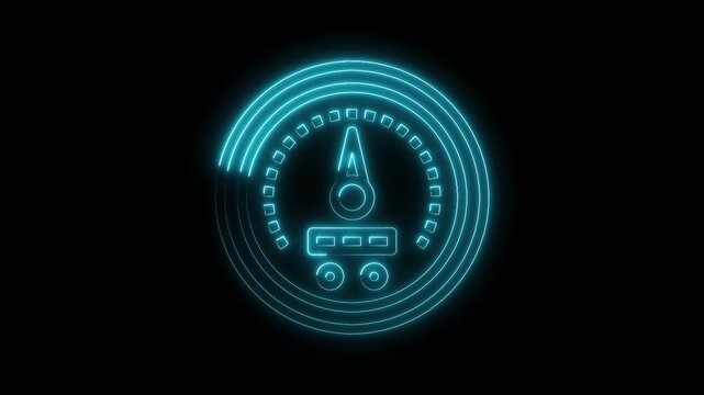 Animated neon speedometer with moving needle and digital display on black background
