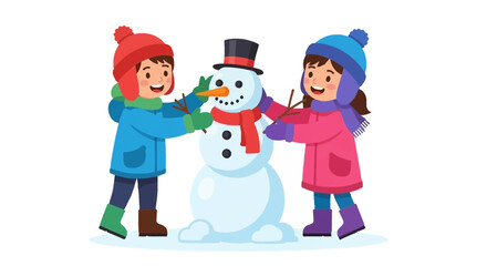 Two smiling children joyfully building a snowman in a winter landscape wearing warm clothes