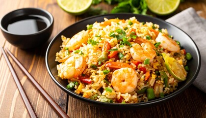 Chinese Fried Rice With Prawns, On Wooden Background. Typical Asian Food.