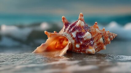Close-up of a seashell on a sandy beach shore - Powered by Adobe
