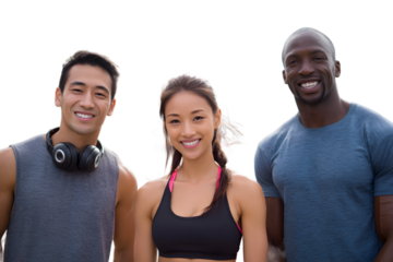 Three diverse friends smiling and looking at the camera, ready for a workout, with one wearing headphones isolated on transparent background