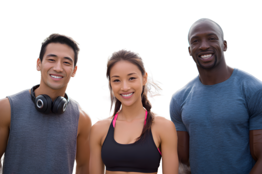 Three diverse friends smiling and looking at the camera, ready for a workout, with one wearing headphones isolated on transparent background