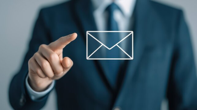A businessman interacts with a digital email icon, symbolizing communication and technology in a professional environment.